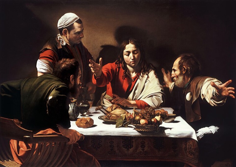 Caravaggio's Supper at Emmaus — the moment the disciples recognize the risen Christ